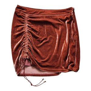 Shinestar Velvet Ruched Mini Skirt Rust Large Adjustable Drawstring Party NEW